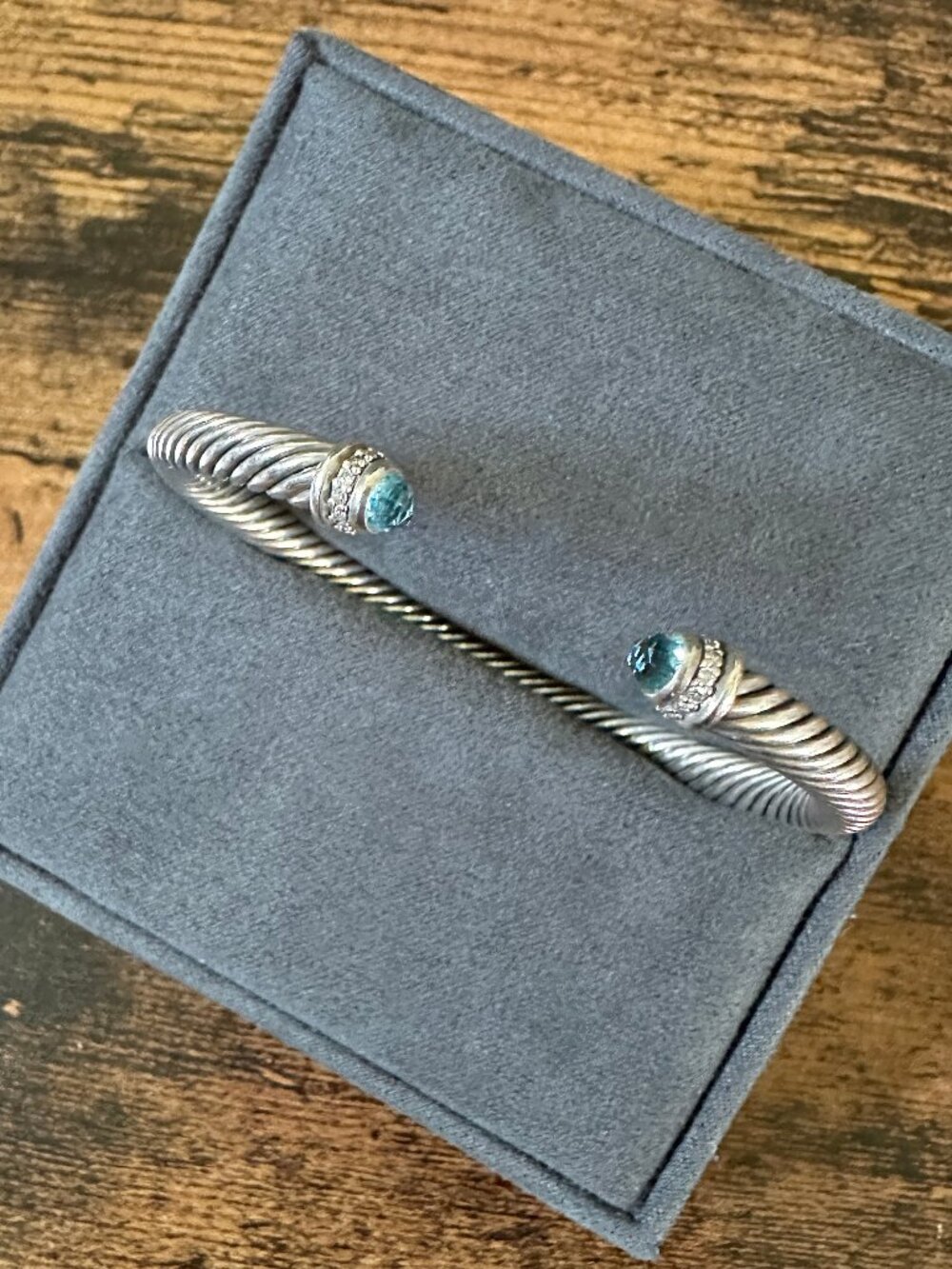 David Yurman Cable Cuff Bracelet w/ Blue Topaz & White Diamonds - 5 mm - Sz Med - Picture 3 of 16
